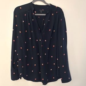 Ann Taylor Navy Silky Semi-sheer Blouse with Floral Accents, Like new, Sz XL